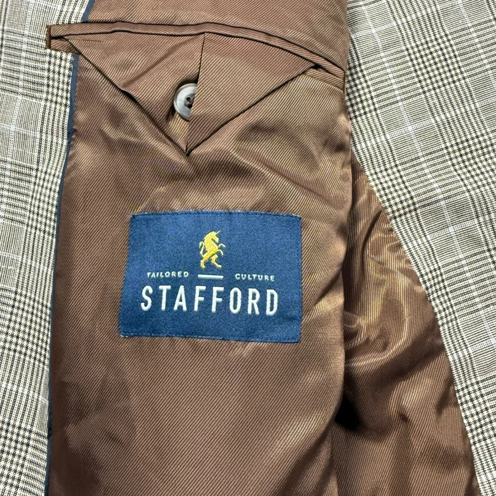 Stafford Luxury Sport Coat Men 46R Brown Glen Plaid Linen Blend Unstructured NWT
